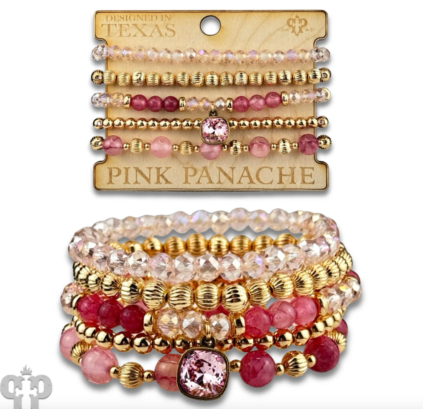 PINK PANACHE Gold and glass bead bracelet with Austrian crystal - B224BLR