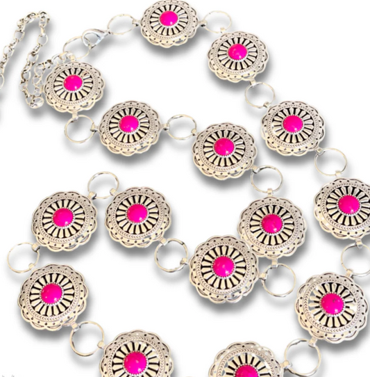 Western Round Stone Concho Belt - Fuchsia