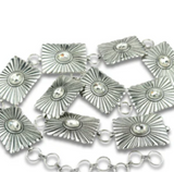Western Carved Rectangle Concho Linked Belt with Oval Rhinestone - Silver S/M and L/XL