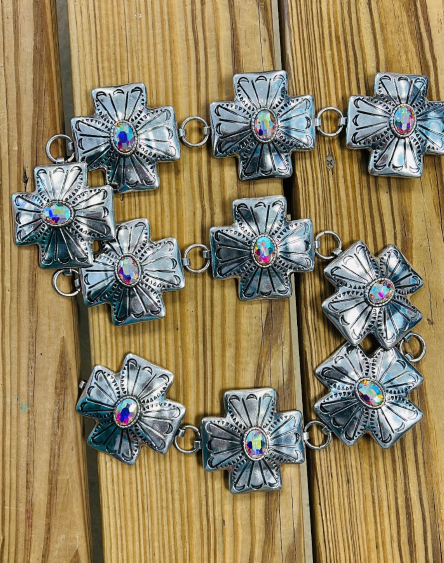 Western Cross Belt with AB Stone - Silver S/M and L/XL