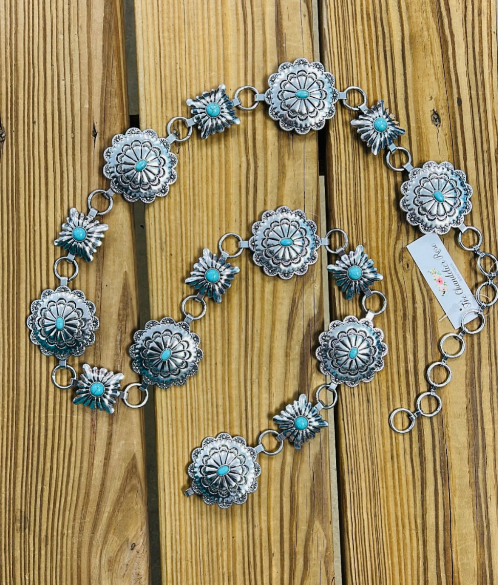 Western Round and Square Concho Link Belt - Silver S/M and L/XL