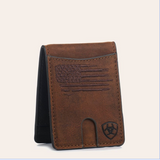ARIAT BIFOLD MONEY CLIP USA FLAG SHIELD LOGO BROWN