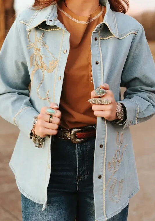 LIGHT WASH CAMEL PIPING EMBROIDERED BUTTON DOWN DENIM SHIRT
