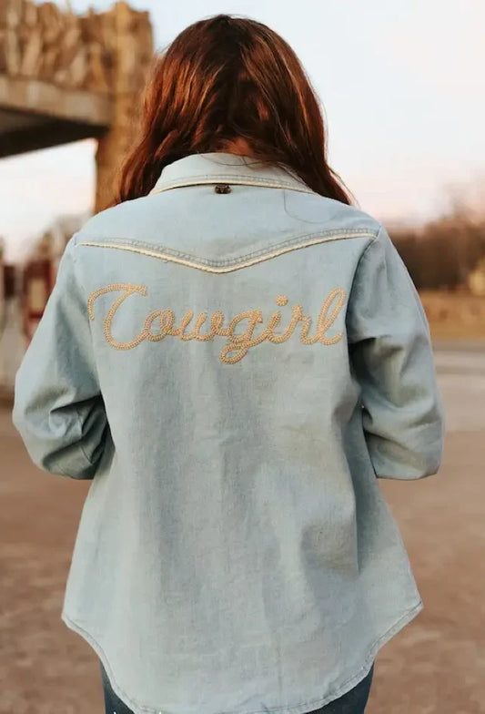 LIGHT WASH CAMEL PIPING EMBROIDERED BUTTON DOWN DENIM SHIRT