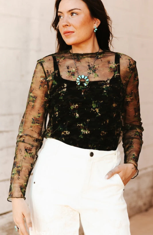 CAMO PRINTED LACE LONG SLEEVE STRETCH TOP