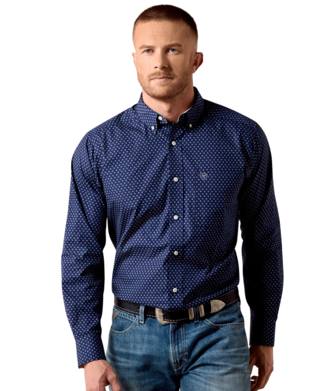ARIAT MENS WRINKLE FREE WES CLASSIC FIT SHIRT - MARITIME BLUE GEO PRINT