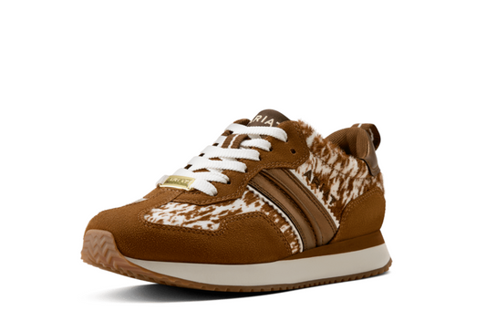 ARIAT WOMEN'S RANCH RUNNER CHESTNUT SUEDE/ SPECKLED COW PRINT