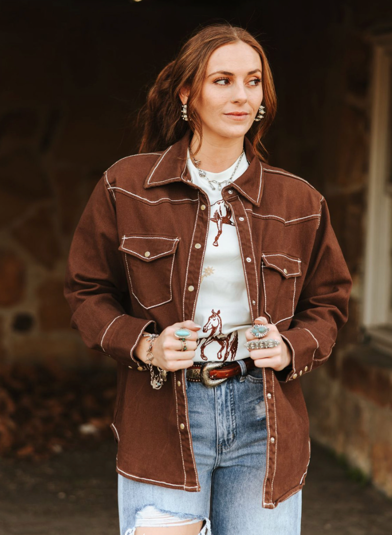 BROWN STRETCH DENIM CONTRAST WESTER COWBOY BUTTON DOWN SHIRT