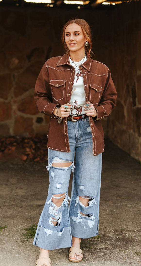 BROWN STRETCH DENIM CONTRAST WESTER COWBOY BUTTON DOWN SHIRT