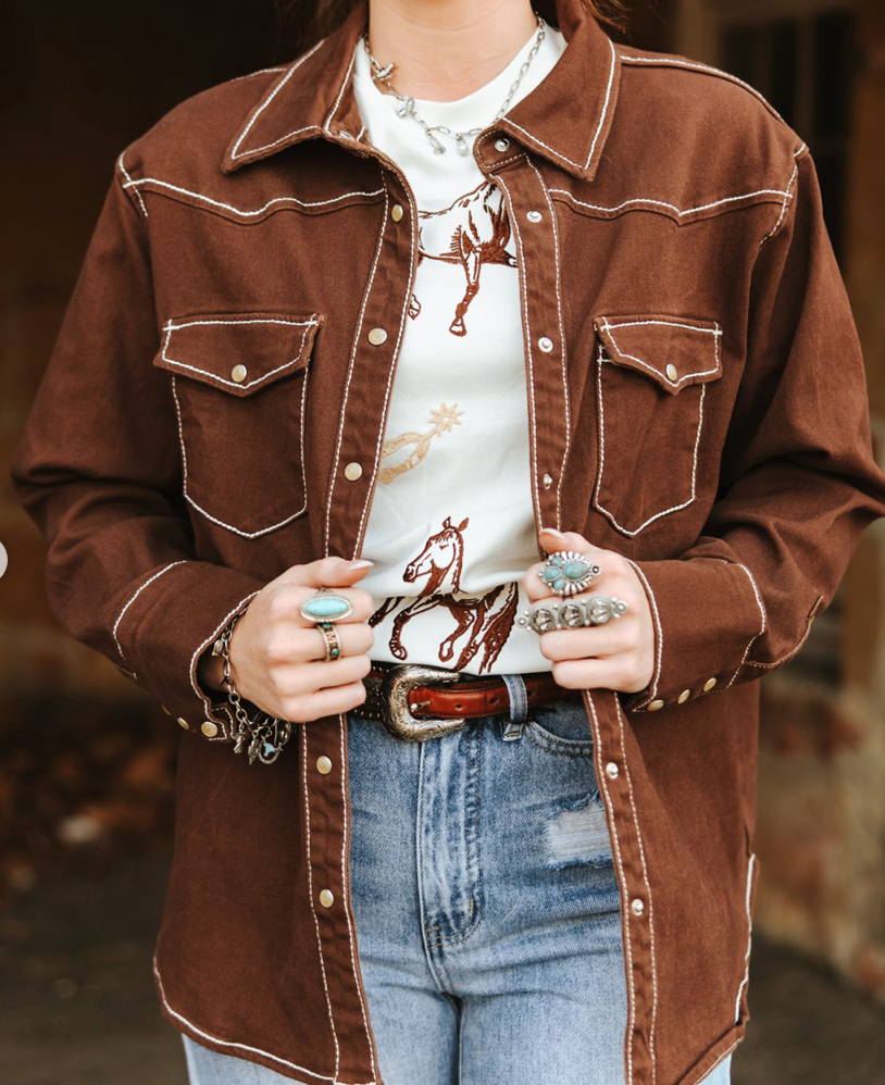 BROWN STRETCH DENIM CONTRAST WESTER COWBOY BUTTON DOWN SHIRT