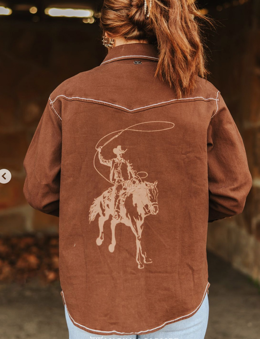 BROWN STRETCH DENIM CONTRAST WESTER COWBOY BUTTON DOWN SHIRT