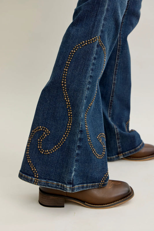JUDY BLUE HIGH WAIST FLARE WESTERN STUD DETAIL JEAN - MEDIUM STONE
