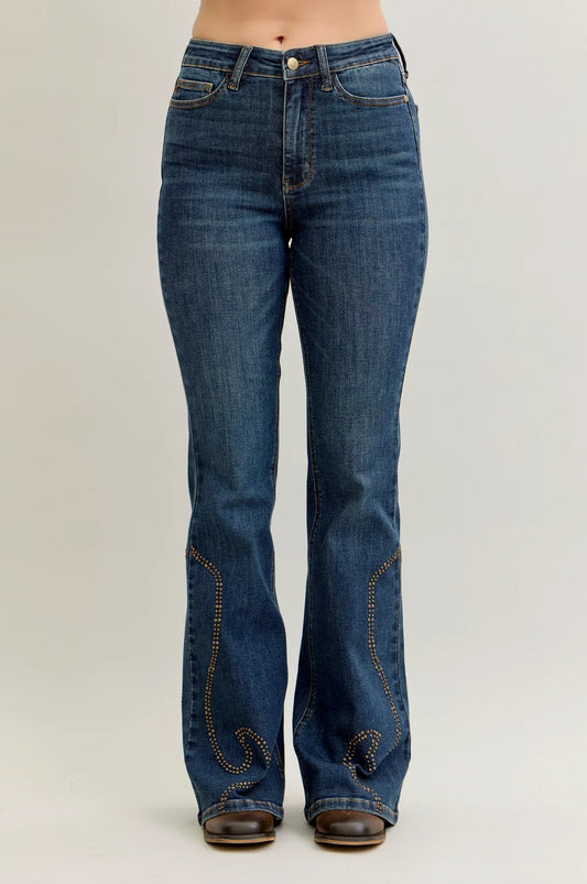 JUDY BLUE HIGH WAIST FLARE WESTERN STUD DETAIL JEAN - MEDIUM STONE