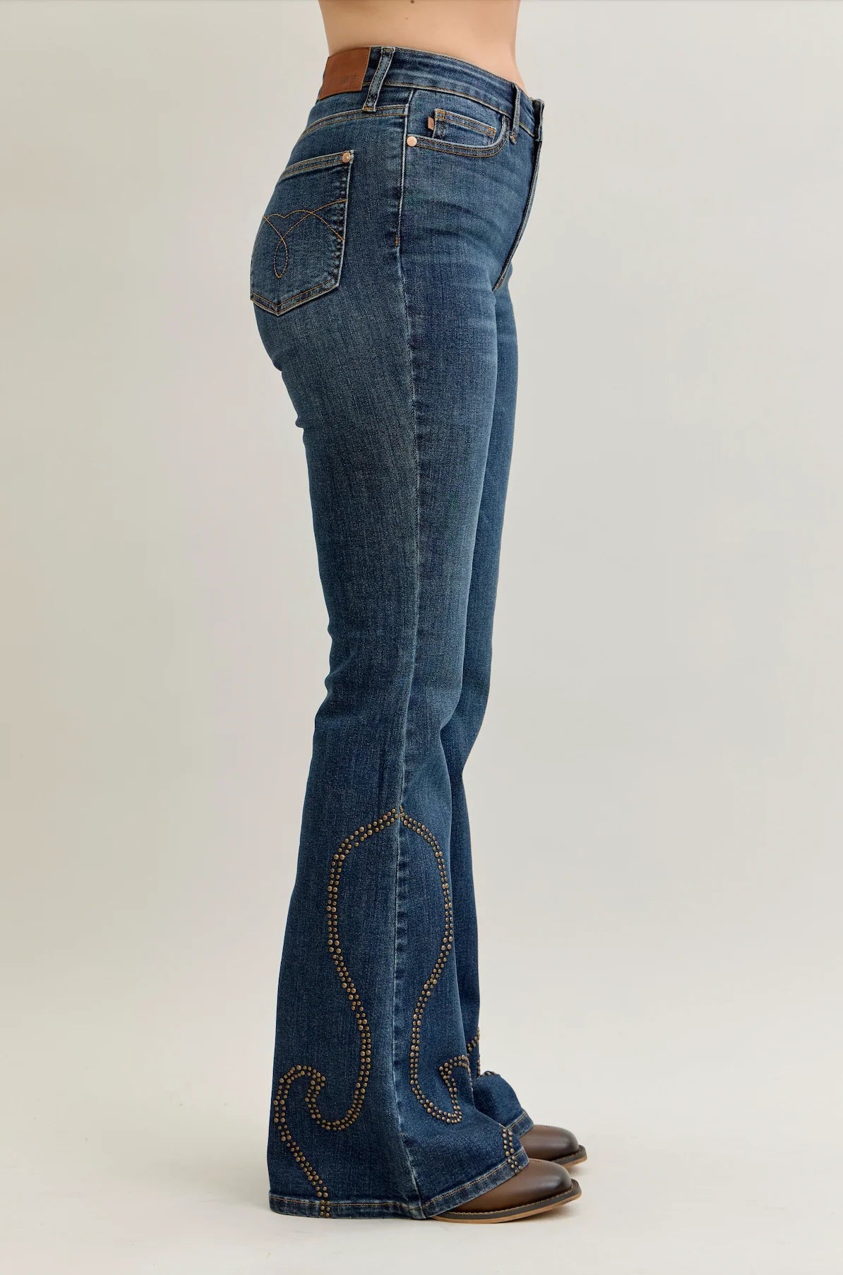 JUDY BLUE HIGH WAIST FLARE WESTERN STUD DETAIL JEAN - MEDIUM STONE