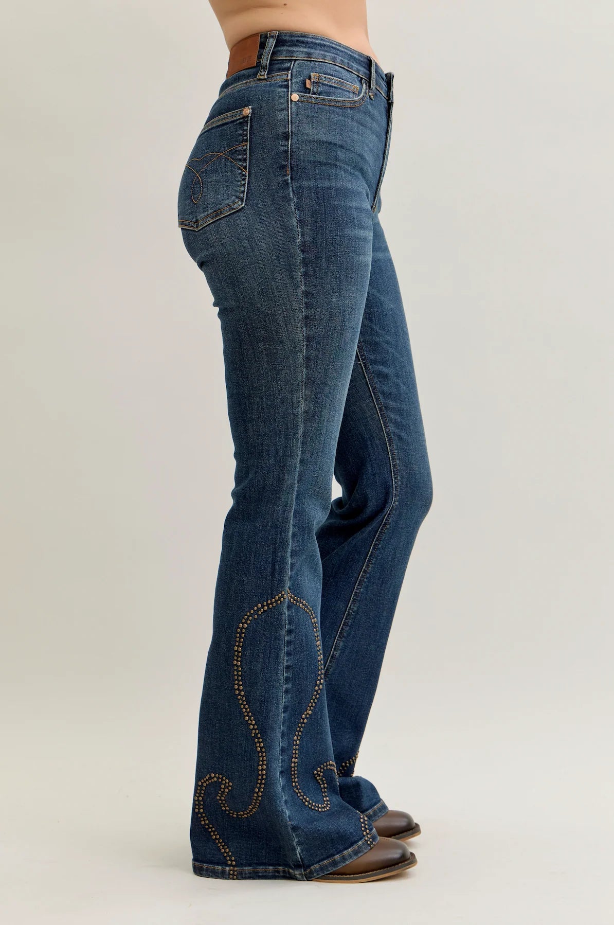 JUDY BLUE HIGH WAIST FLARE WESTERN STUD DETAIL JEAN - MEDIUM STONE