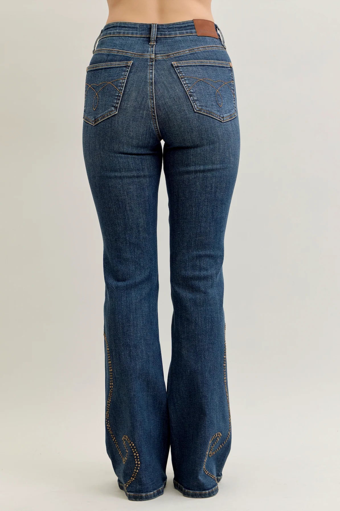 JUDY BLUE HIGH WAIST FLARE WESTERN STUD DETAIL JEAN - MEDIUM STONE