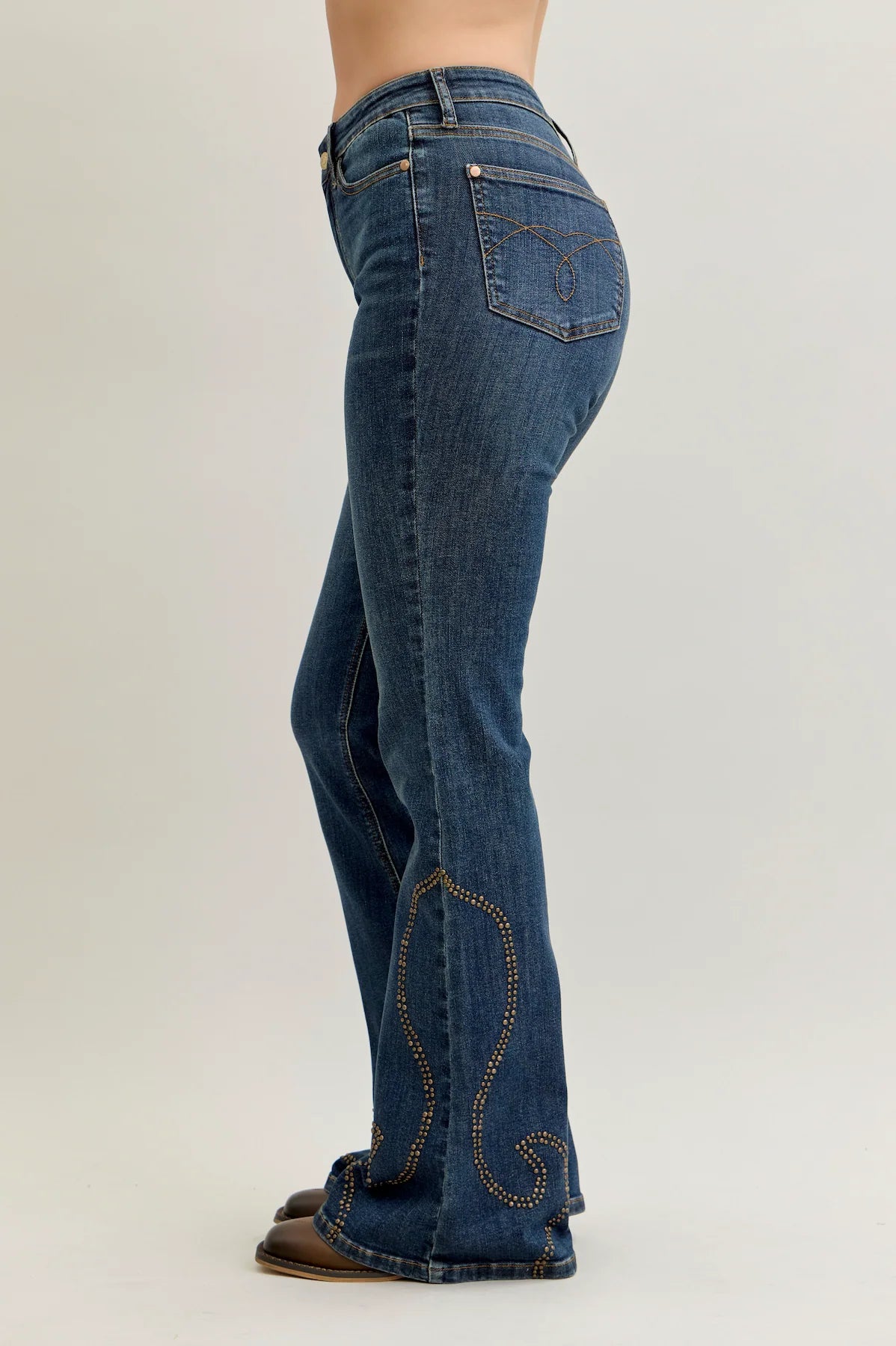 JUDY BLUE HIGH WAIST FLARE WESTERN STUD DETAIL JEAN - MEDIUM STONE