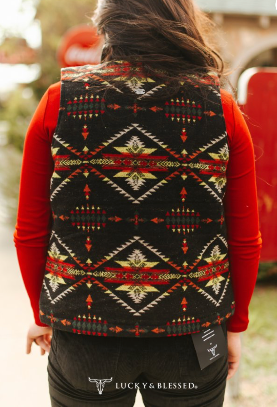 BLACK RED AZTEC QUILTED LINED ZIP-UP VEST