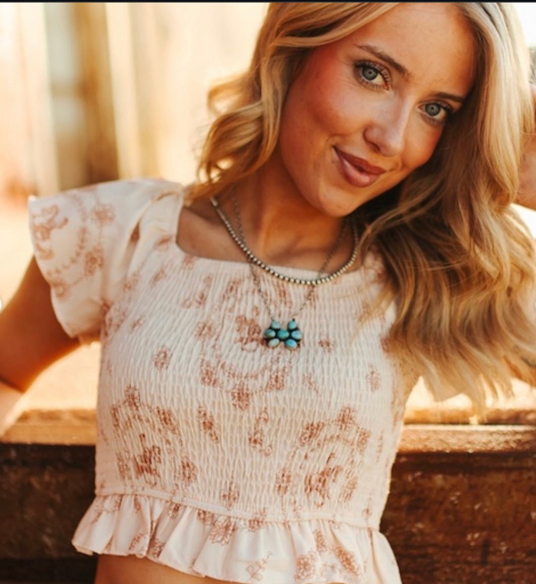 CREAM HORSE PRINTED WESTERN RUFFLE SMOCKED TOP