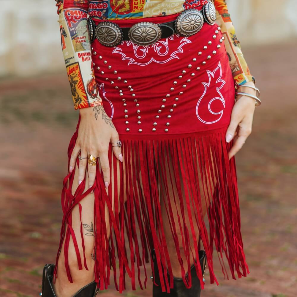 SUEDE BOOT STICH EMBROIDERED STUDDED FRINGE HEM STRETCH SKIRT - RED