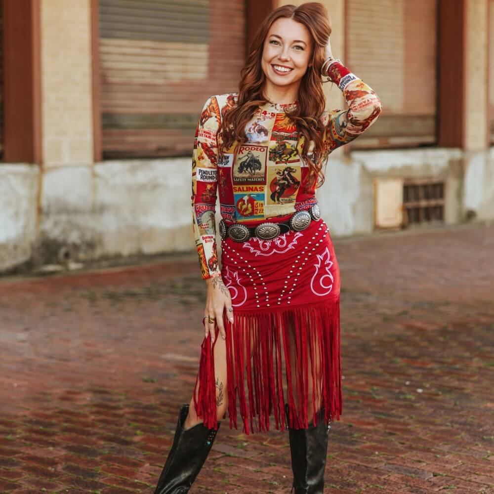 SUEDE BOOT STICH EMBROIDERED STUDDED FRINGE HEM STRETCH SKIRT - RED