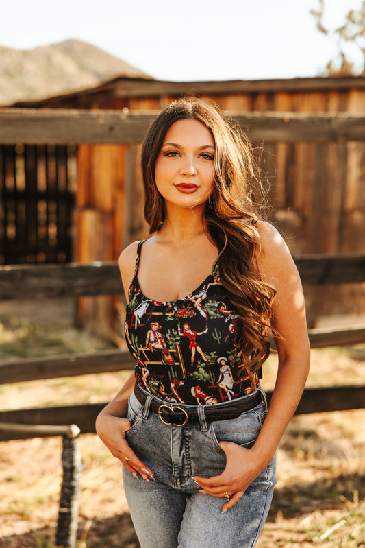 BLACK PINUP COWGIRL PRINTED SPAGHETTI CROP TOP