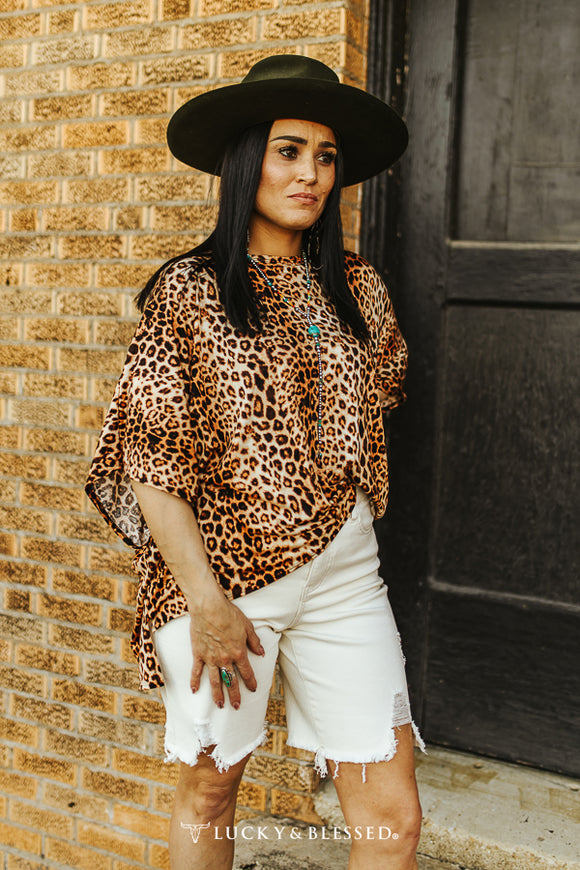 BROWN LEOPARD BULGARI HI LOW DOLMAN TOP