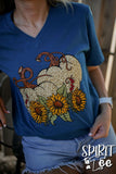 ANIMAL PRINT PUFF PUMPKINS WITH SUNFLOWERS V NECK TEE - DEEP HEATHER TEAL