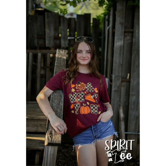 OH WHAT FUN PLAID TEE - HEATHER CARDINAL