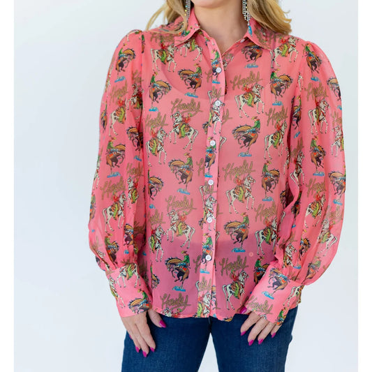 PINK HOWDY WESTERN PRINT BUTTON UP BLOUSE
