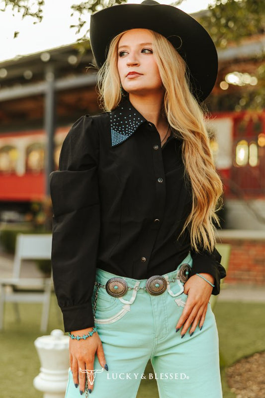 BLACK LONG SLEEVE BLOUSE W RHINESTONE COLLARED BUTTON DOWN SHIRT