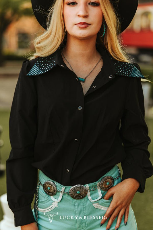 BLACK LONG SLEEVE BLOUSE W RHINESTONE COLLARED BUTTON DOWN SHIRT