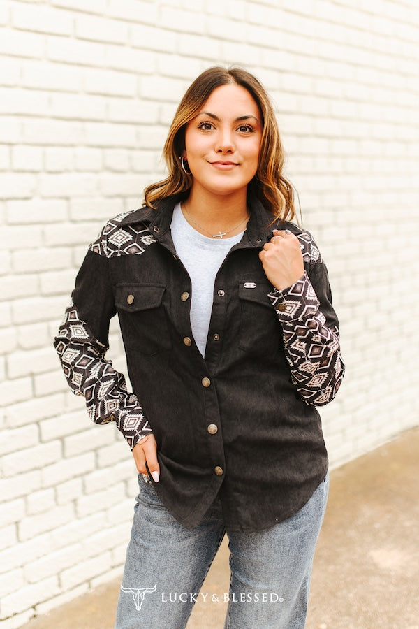 WESTERN PRINTED YOKE SLEEVE PEARL SNAP CORDUROY BLACK SHIRT