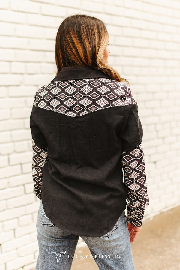 WESTERN PRINTED YOKE SLEEVE PEARL SNAP CORDUROY BLACK SHIRT