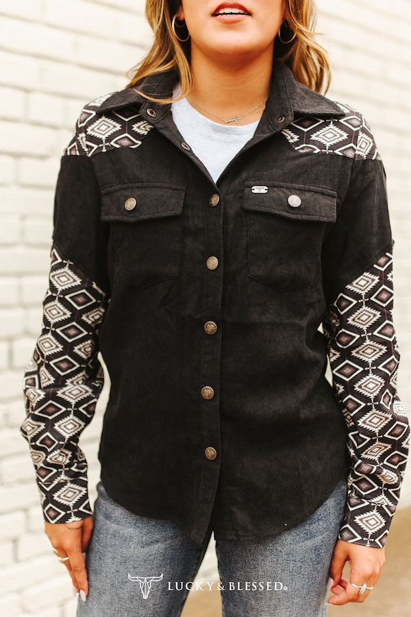 WESTERN PRINTED YOKE SLEEVE PEARL SNAP CORDUROY BLACK SHIRT
