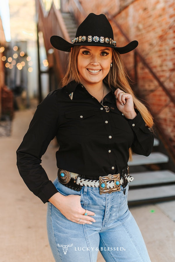 WESTERN PEARL SNAP BUTTON DOWN CONCHO TIP COLLAR SHIRT - BLACK