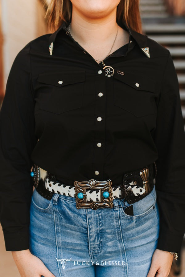 WESTERN PEARL SNAP BUTTON DOWN CONCHO TIP COLLAR SHIRT - BLACK