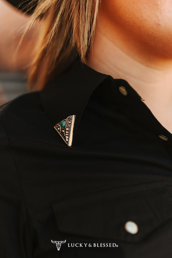 WESTERN PEARL SNAP BUTTON DOWN CONCHO TIP COLLAR SHIRT - BLACK