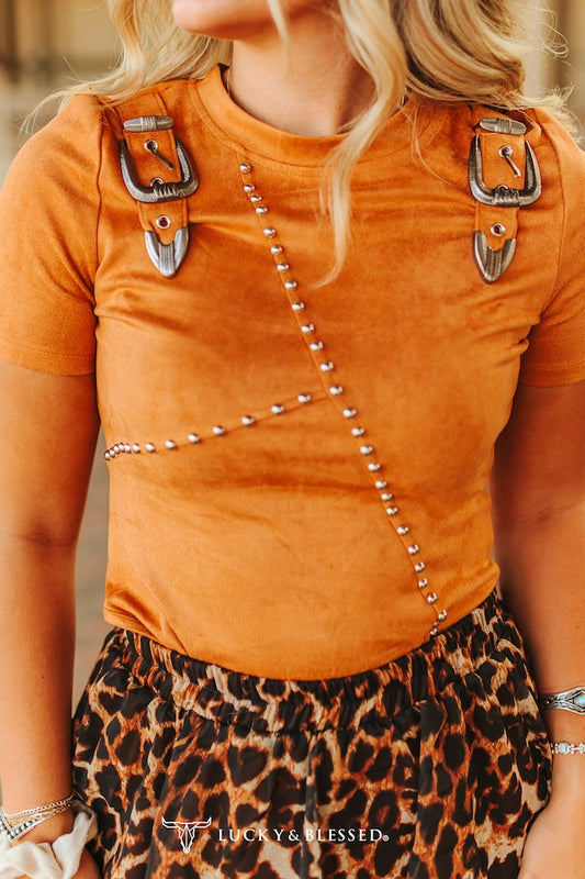 WESTERN BUCKLE CAMEL STRETCH STUDDED BODYSUIT