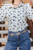 CREAM TEAL COWBOY PRINTED BUTTON DOWN PUFF SHORT SLEEVE TOP