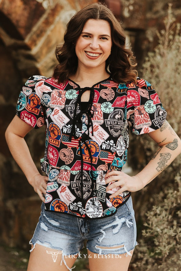 PATCH COLLAGE WESTERN PRINTED TIE FRONT PUFF SLEEVE BLOUSE