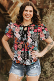 PATCH COLLAGE WESTERN PRINTED TIE FRONT PUFF SLEEVE BLOUSE