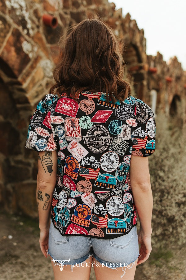 PATCH COLLAGE WESTERN PRINTED TIE FRONT PUFF SLEEVE BLOUSE