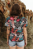 PATCH COLLAGE WESTERN PRINTED TIE FRONT PUFF SLEEVE BLOUSE