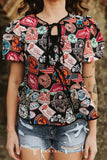 PATCH COLLAGE WESTERN PRINTED TIE FRONT PUFF SLEEVE BLOUSE