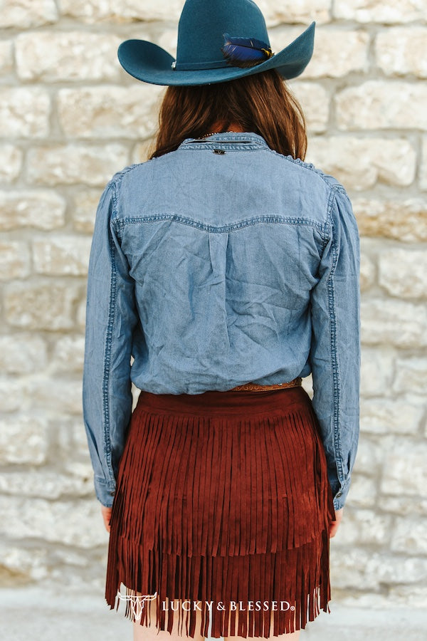 MID WASH TENCEL DENIM CONCHO BUTTON DOWN BOW DENIM BLOUSE