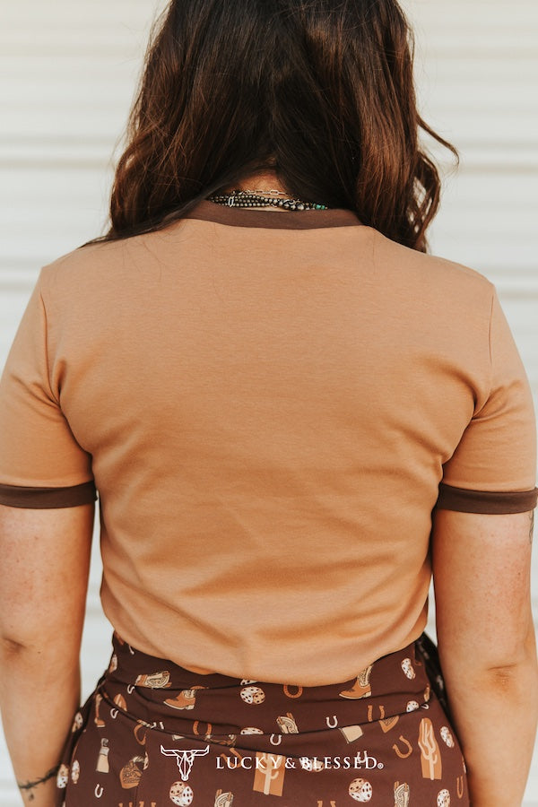 CAMEL BROWN CONTRAST NECKLINE SLEEVE WAIST LENGTH TOP
