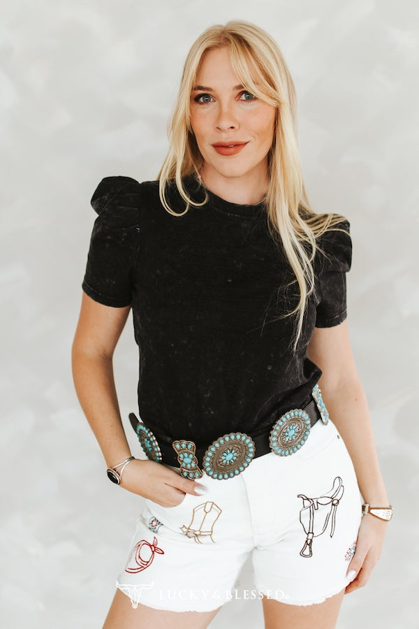 BLACK MINERAL WASH PUFF SLEEVE BOOT STITCH EMBROIDERED SHIRT