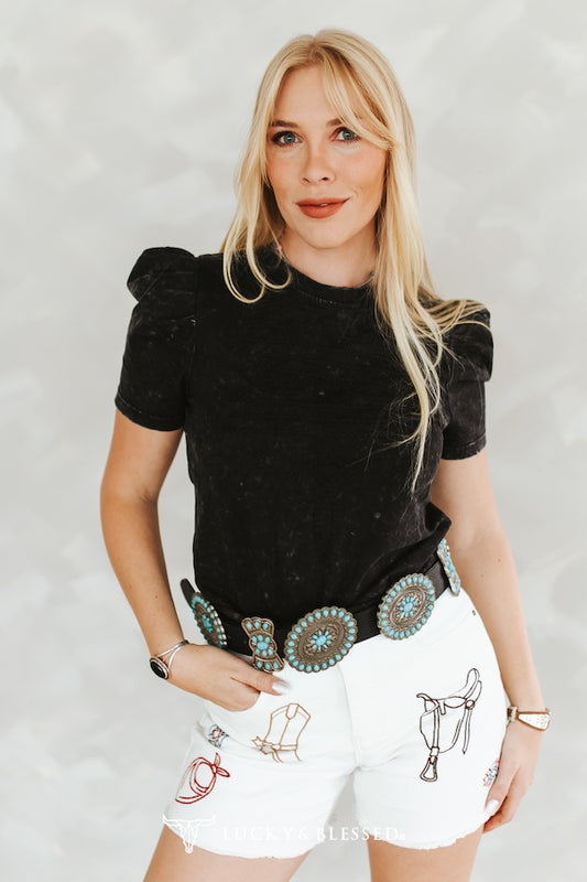 BLACK MINERAL WASH PUFF SLEEVE BOOT STITCH EMBROIDERED SHIRT