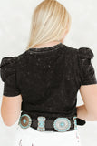 BLACK MINERAL WASH PUFF SLEEVE BOOT STITCH EMBROIDERED SHIRT